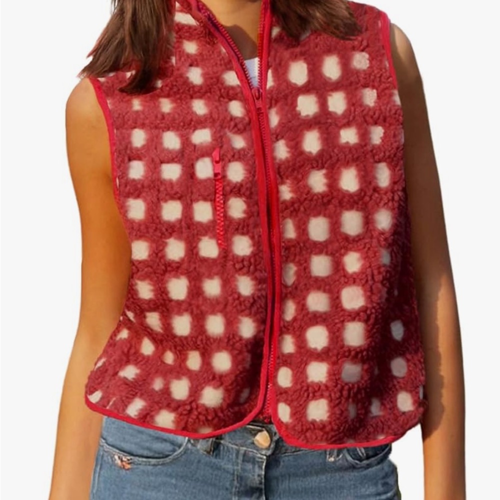Women's Red Checked Sherpa Vest Jacket